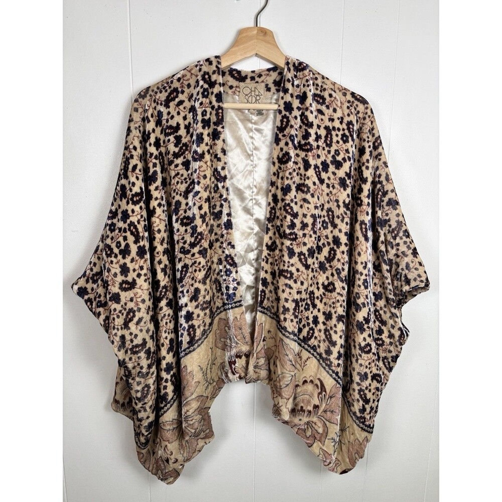 Chaser XS/S Blue Floral Silk Viscose Batwing Wrap Oversized Cream Lined‎ Topper